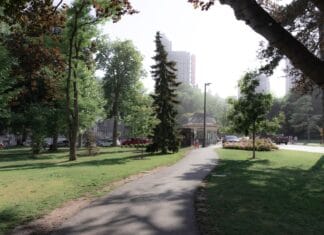 Alejka spacerowa w parku miejskim otoczona drzewami i zabudową miejską
