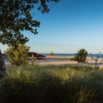 Czerwona latarnia morska przy piaszczystej plaży i zieleni