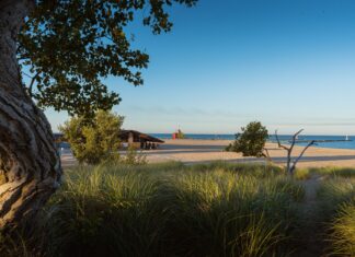 Zalew Jeziorsko czy rzeka Warta? Gdzie lepiej wybrać się na plażowanie blisko Sieradza Czerwona latarnia morska przy piaszczystej plaży i zieleni
